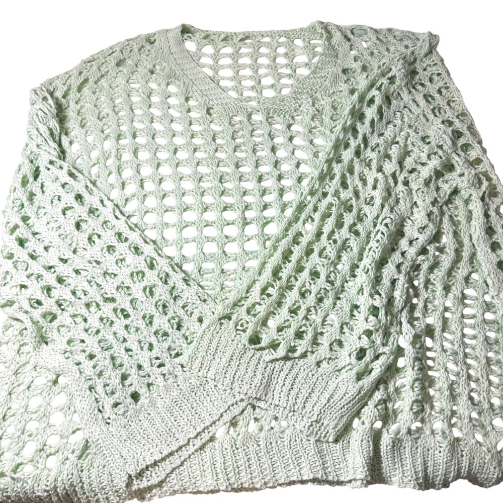 Mint Green Sea Foam Open Knit Crochet V-Neck Sweater Boho Pullover 2XL Cottage